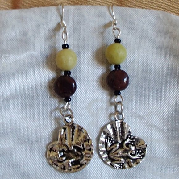 Pietersite Lemon Jade Frog Handcrafted Gemstone Sweeper Earrings Toad Lily Pad - Picture 2 of 7